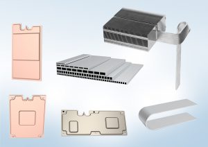 The six heat sinks are set against a light blue background, with two pure copper vapor chambers lined up vertically on the far left, two pure aluminum VCS in the middle, and two zippered fins and a curved aluminum thick sheet on the right