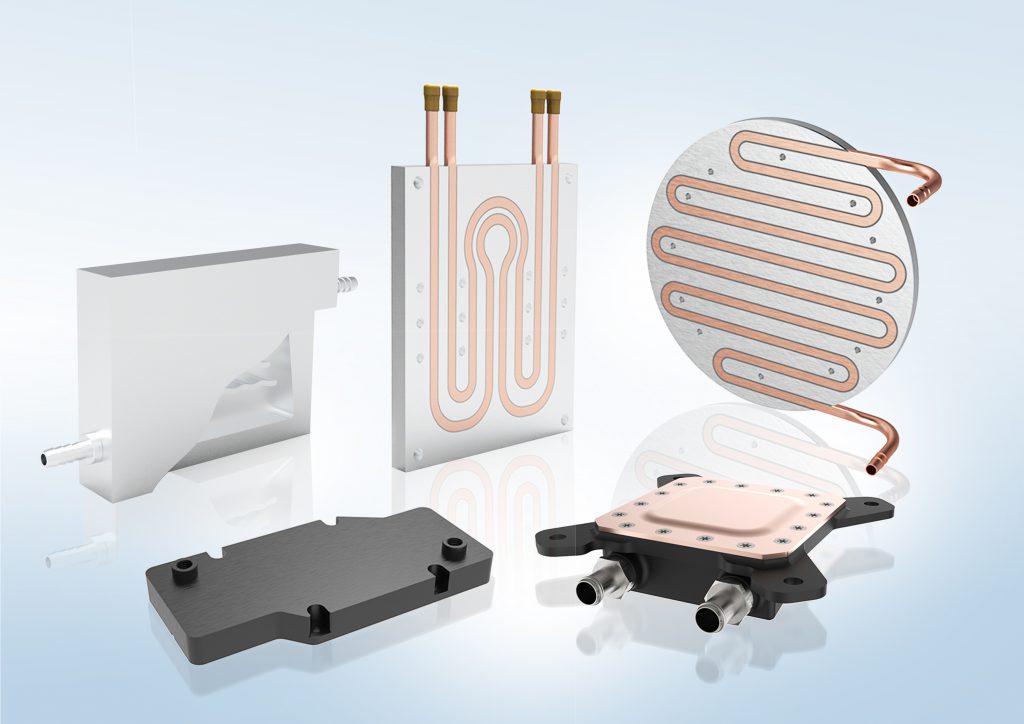 There are five different types of customized water cooling plates in a light blue base picture