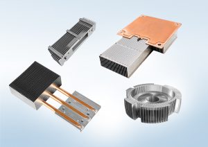 There are four ecotherm custom heat sinks in a light blue base drawing, a heat pipe module, a vc module, and two pure aluminum zippered fin
