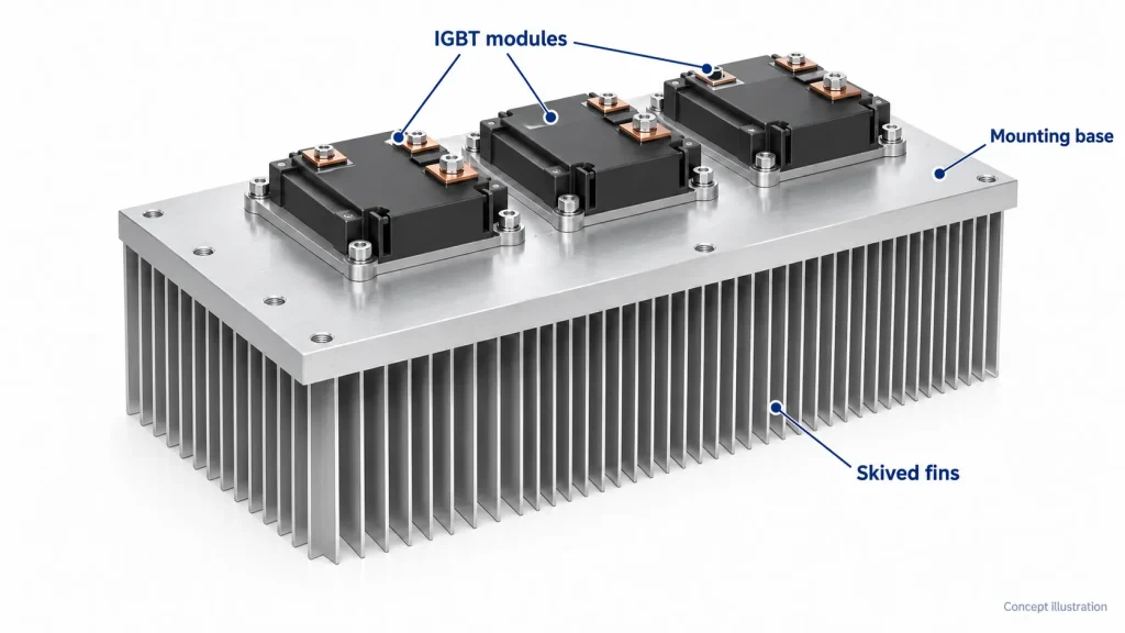 Concept illustration of IGBT modules mounted on the flat base of a skived fin heat sink