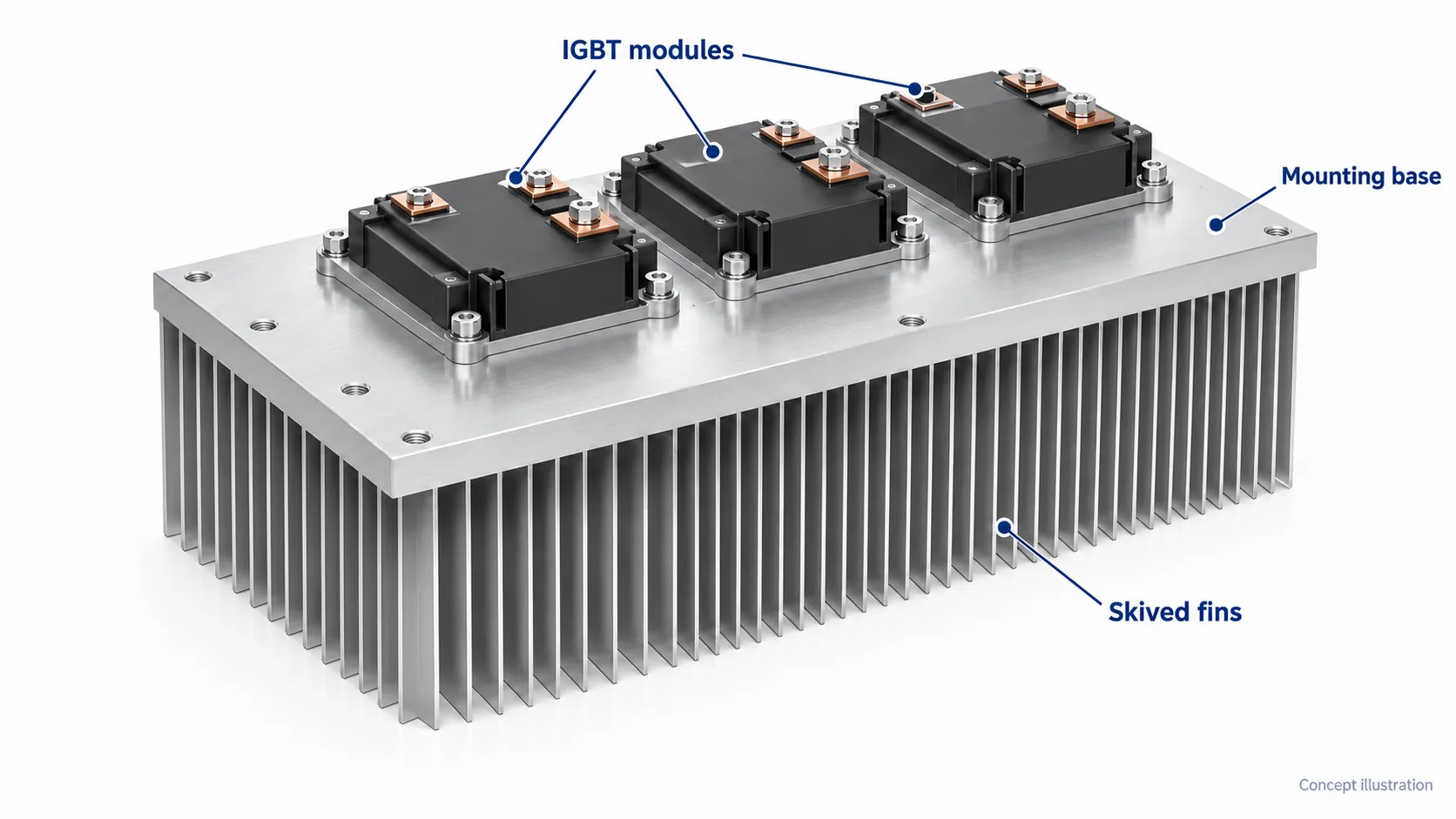 Concept illustration of IGBT modules mounted on the flat base of a skived fin heat sink