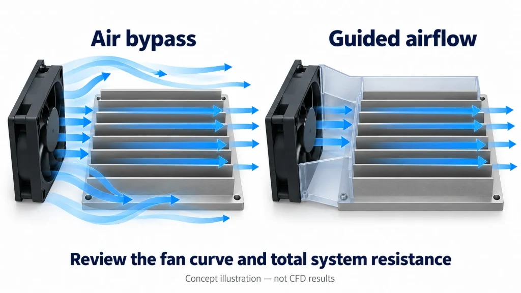 Comparison of bypass airflow and shrouded airflow through parallel heat sink fin channels