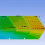 Thermal simulation showing temperature distribution across a finned heat sink assembly