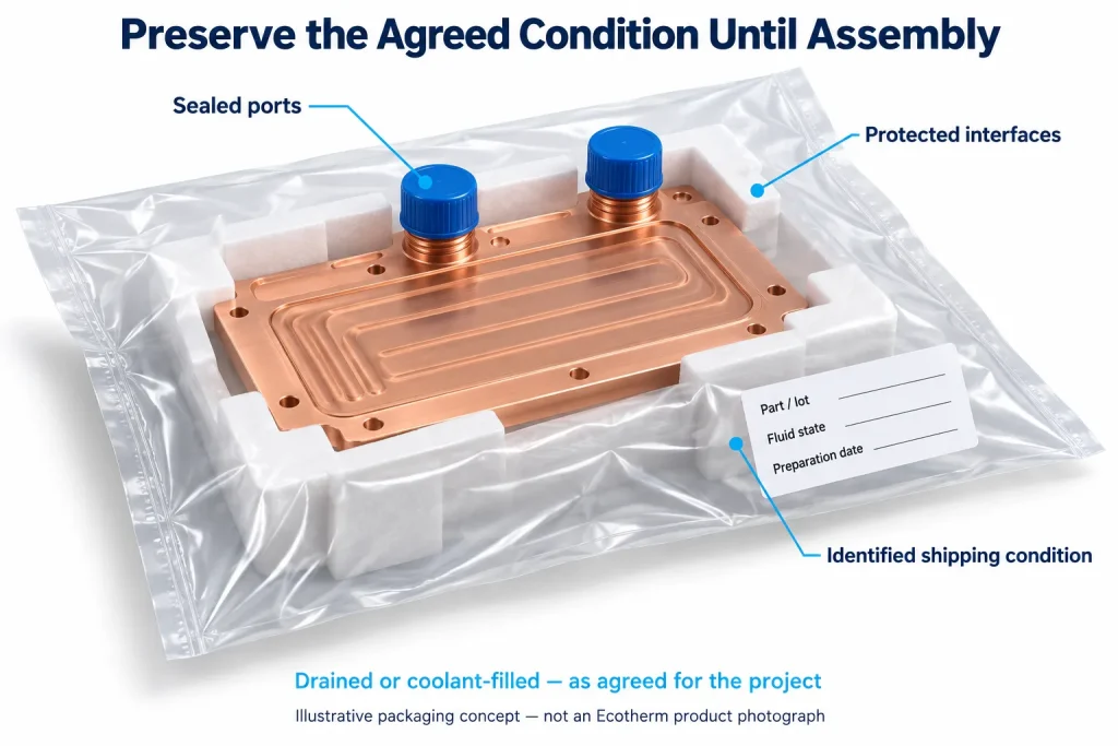 Port protection and identification help preserve the agreed delivery condition. The packaging is illustrative, not a company shipping specification.