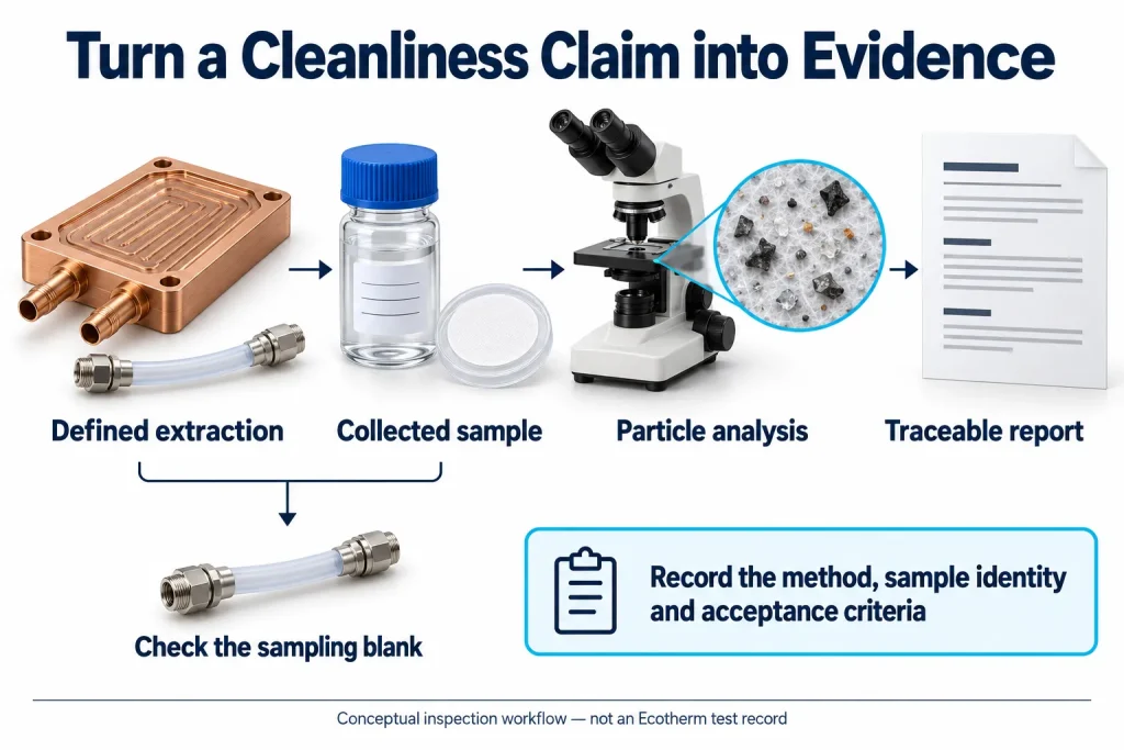 Internal particles, surface films and remaining fluid require different acceptance evidence. Contamination is enlarged for illustration; this is not an Ecotherm product photograph