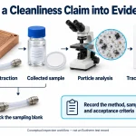 Internal particles, surface films and remaining fluid require different acceptance evidence. Contamination is enlarged for illustration; this is not an Ecotherm product photograph