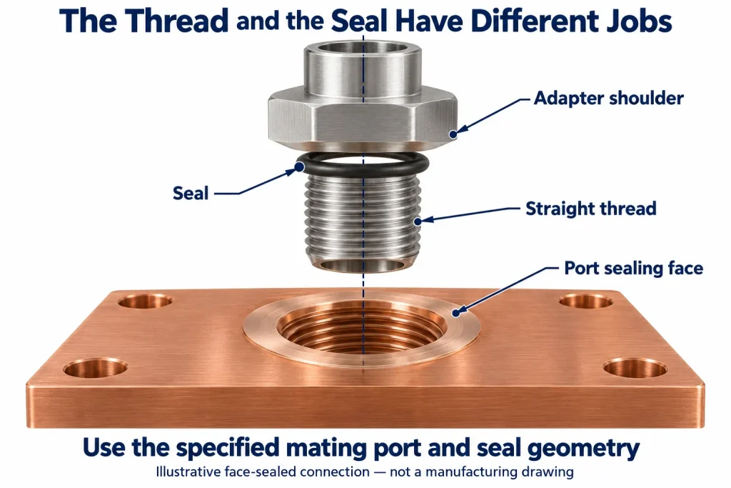 In this illustrative face-sealed arrangement, the thread provides retention and the specified seal acts at the port face. This is not a dimensioned standard port or manufacturing drawing