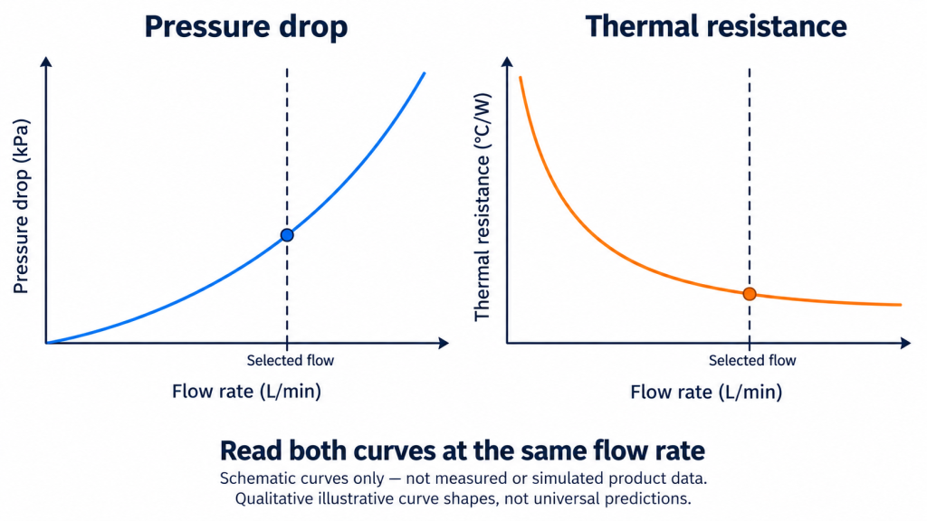 Schematic pressure-drop and thermal-resistance curves read at the same selected coolant flow