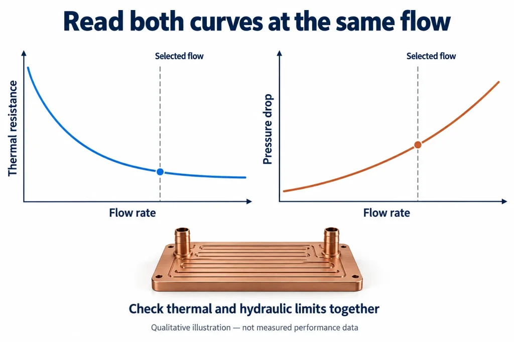 Read both curves at the intended flow. Shapes illustrate a common trade-off only; they are not measured data or predictions for a particular plate.