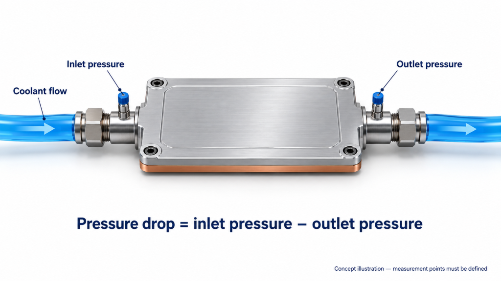 Concept illustration of inlet and outlet pressure measurement points on a liquid cold plate Caption: Pressure drop is the difference between defined inlet and outlet pressure readings during flow. Concept illustration, not a test setup specification.