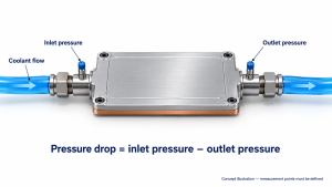 Concept illustration of inlet and outlet pressure measurement points on a liquid cold plate Caption: Pressure drop is the difference between defined inlet and outlet pressure readings during flow. Concept illustration, not a test setup specification.