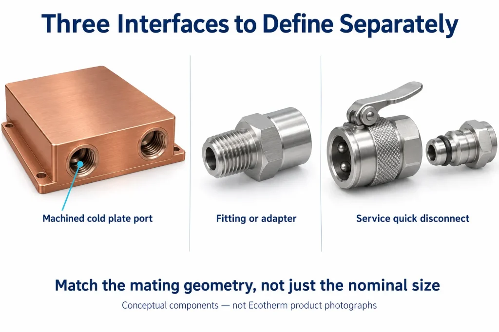 The machined port, fitting termination and service coupling are different interfaces. Identify each relevant component and mating detail; the illustrated parts are not specified mating products.