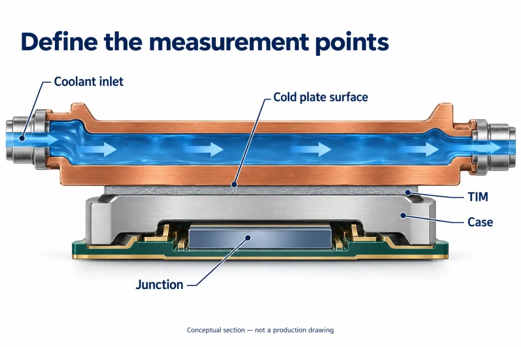 Temperature endpoints define which parts of the thermal path a resistance value includes. Conceptual section, not a production drawing.