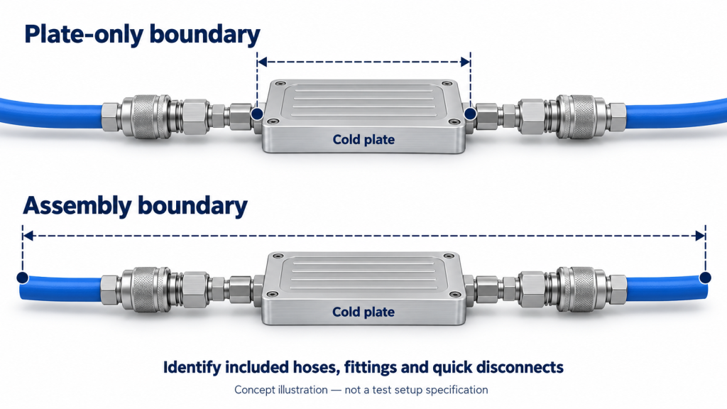 Comparison of plate-only and complete-assembly pressure measurement boundaries with hoses and quick disconnects