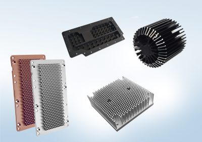 Four types of forging fin heat sink with different shapes are set in a light blue background, among which two are made of black surface treatment, a pair of pure copper and pure aluminum pin fin heat sink, and an ordinary forging fin